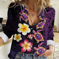 Hawaiian Turtles and Plumeria Women Casual Shirt Polynesian Art Tribal Tattoo Deep Violet Color LT03 Female Purple - Polynesian Pride