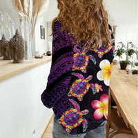 Hawaiian Turtles and Plumeria Women Casual Shirt Polynesian Art Tribal Tattoo Deep Violet Color LT03 - Polynesian Pride