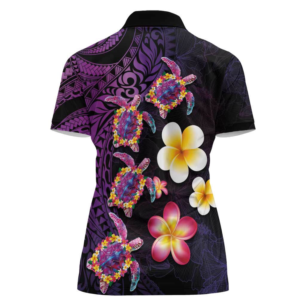 Hawaiian Turtles and Plumeria Women Polo Shirt Polynesian Art Tribal Tattoo Deep Violet Color