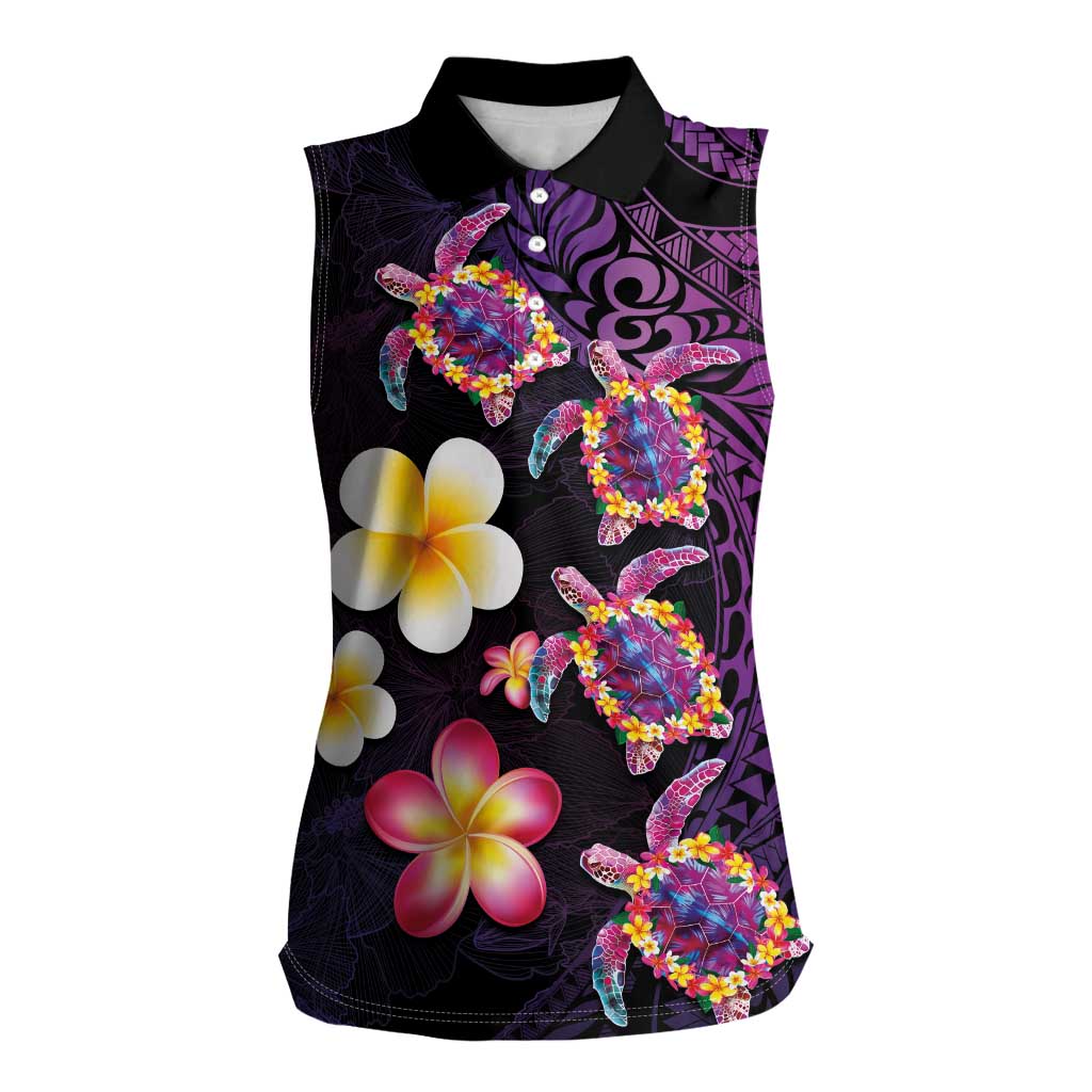 Hawaiian Turtles and Plumeria Women Sleeveless Polo Shirt Polynesian Art Tribal Tattoo Deep Violet Color LT03 Female Purple - Polynesian Pride