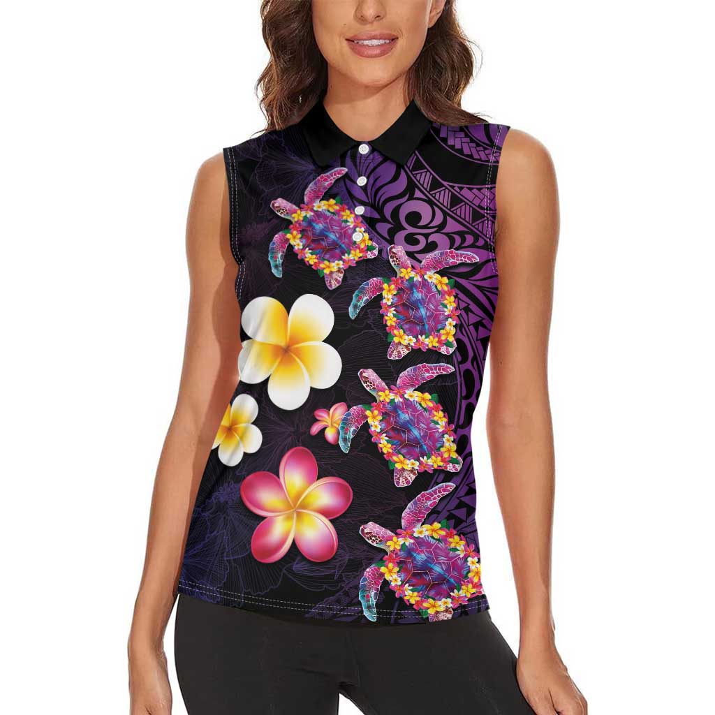 Hawaiian Turtles and Plumeria Women Sleeveless Polo Shirt Polynesian Art Tribal Tattoo Deep Violet Color LT03 - Polynesian Pride
