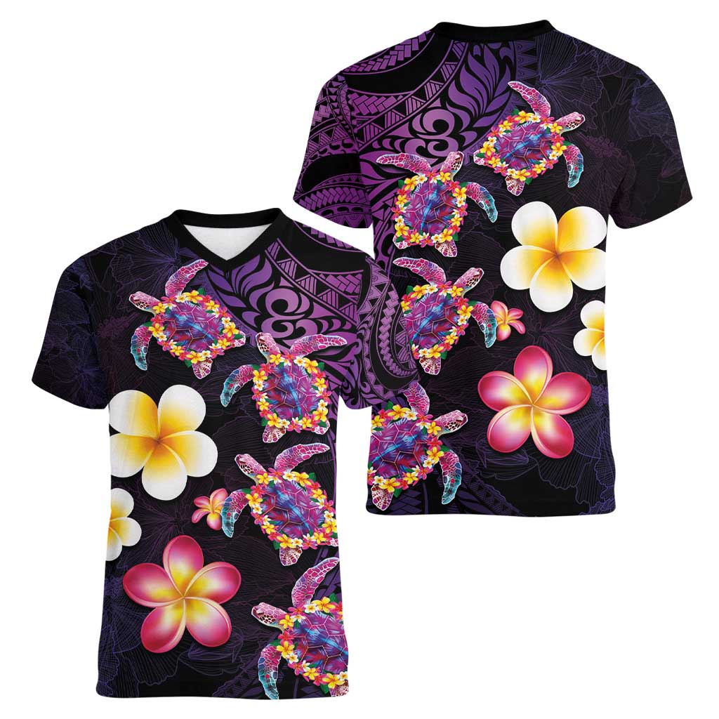 Hawaiian Turtles and Plumeria Women V-Neck T-Shirt Polynesian Art Tribal Tattoo Deep Violet Color LT03 - Polynesian Pride