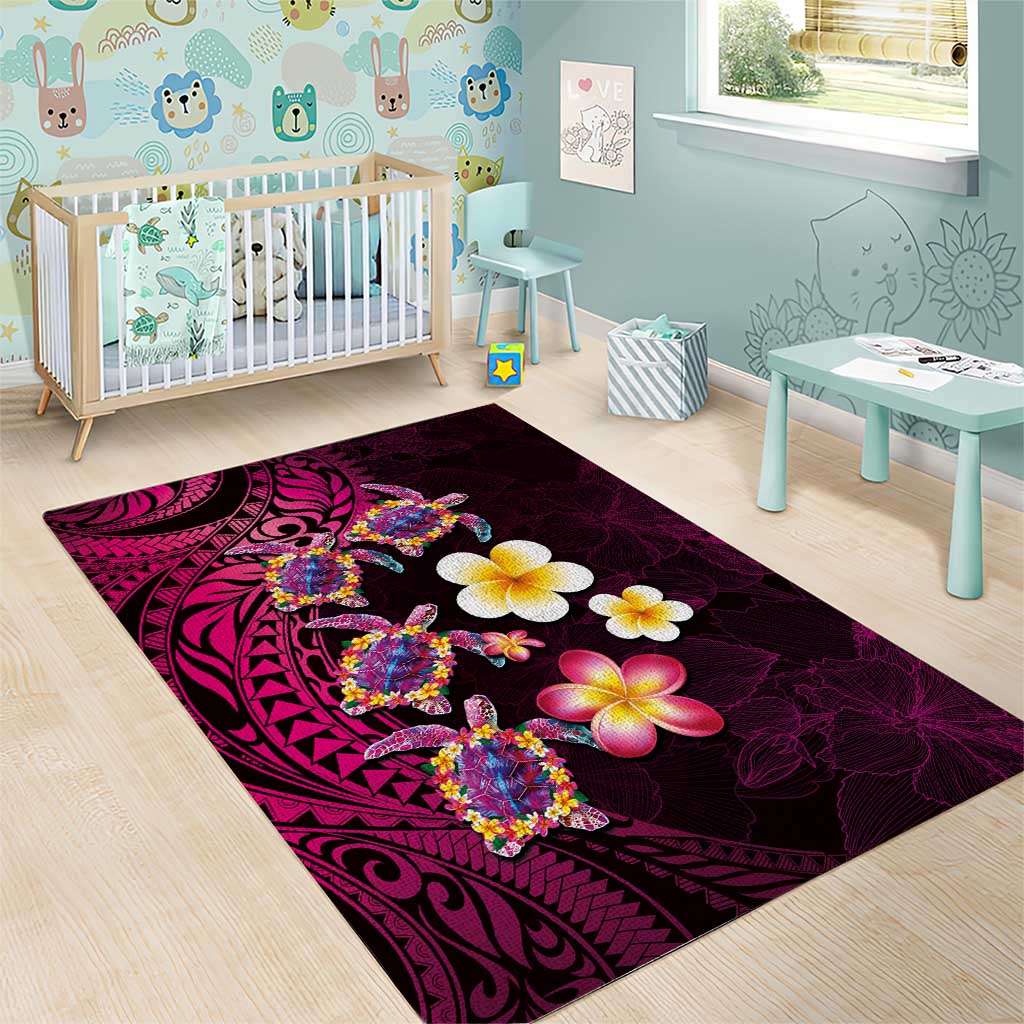 Hawaiian Turtles and Plumeria Area Rug Polynesian Art Tribal Tattoo Cerise LT03 - Polynesian Pride