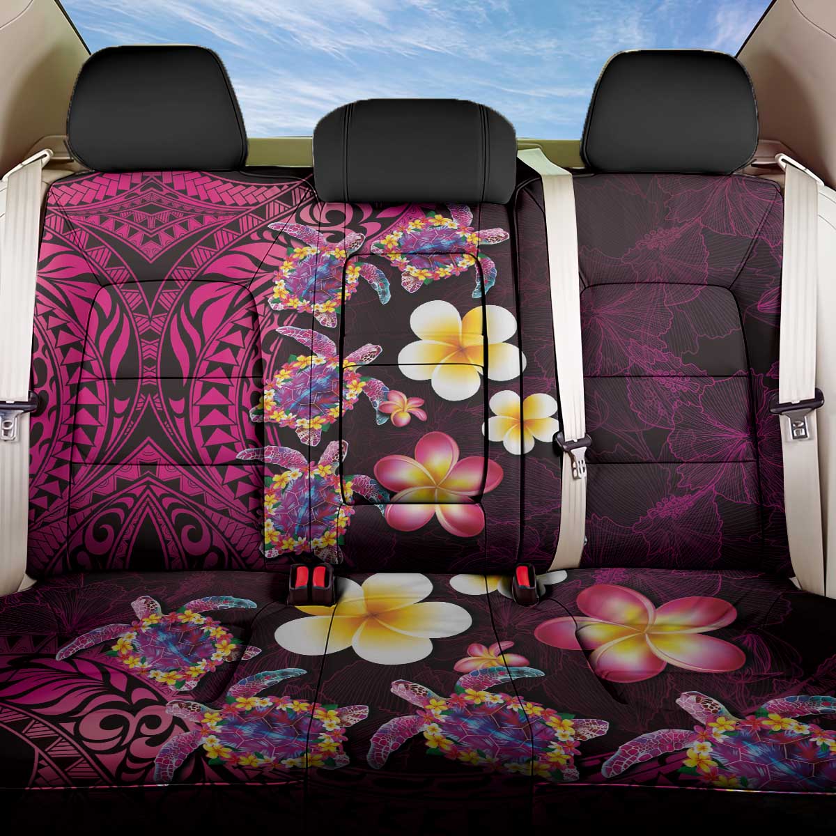 Hawaiian Turtles and Plumeria Back Car Seat Cover Polynesian Art Tribal Tattoo Cerise LT03 One Size Pink - Polynesian Pride
