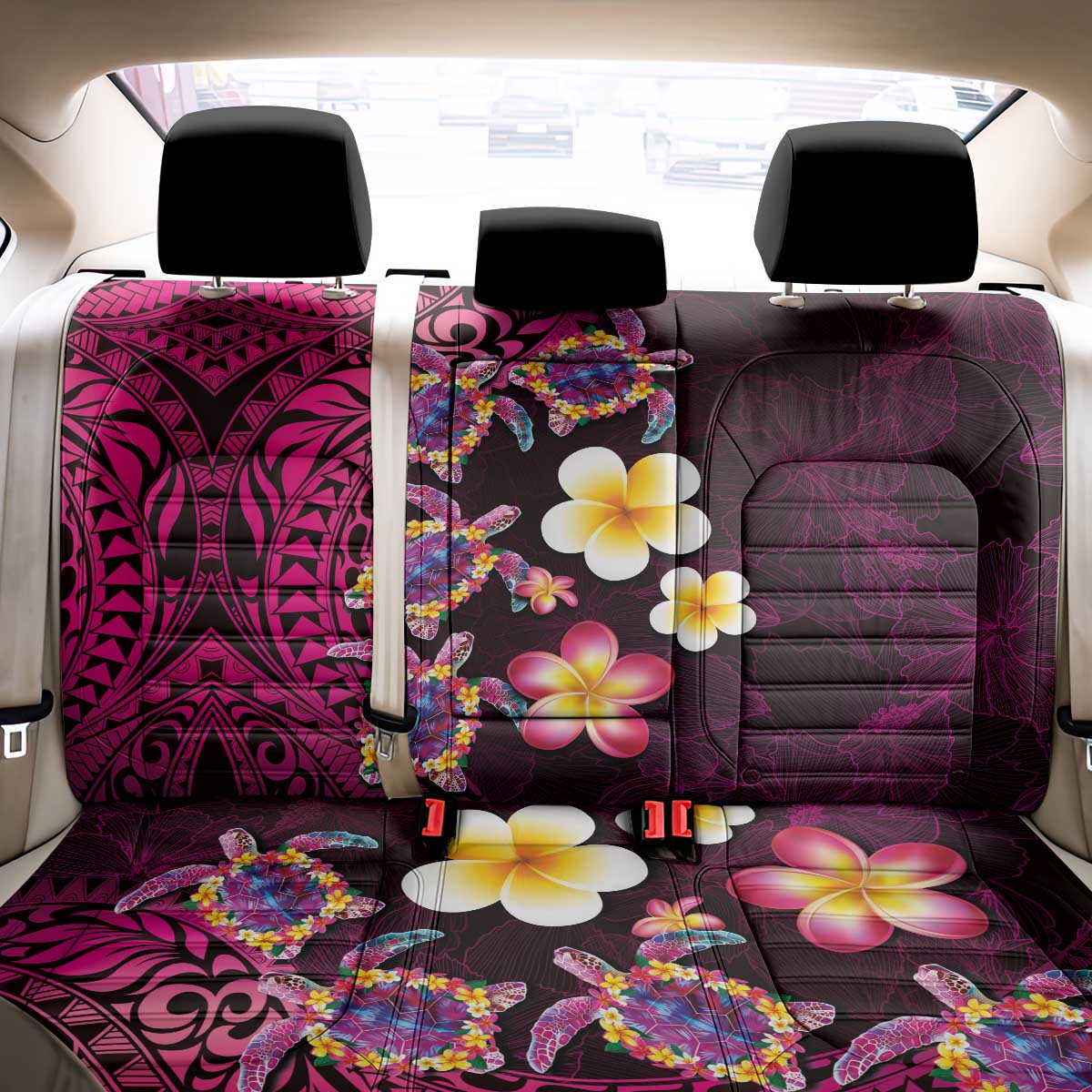 Hawaiian Turtles and Plumeria Back Car Seat Cover Polynesian Art Tribal Tattoo Cerise LT03 - Polynesian Pride