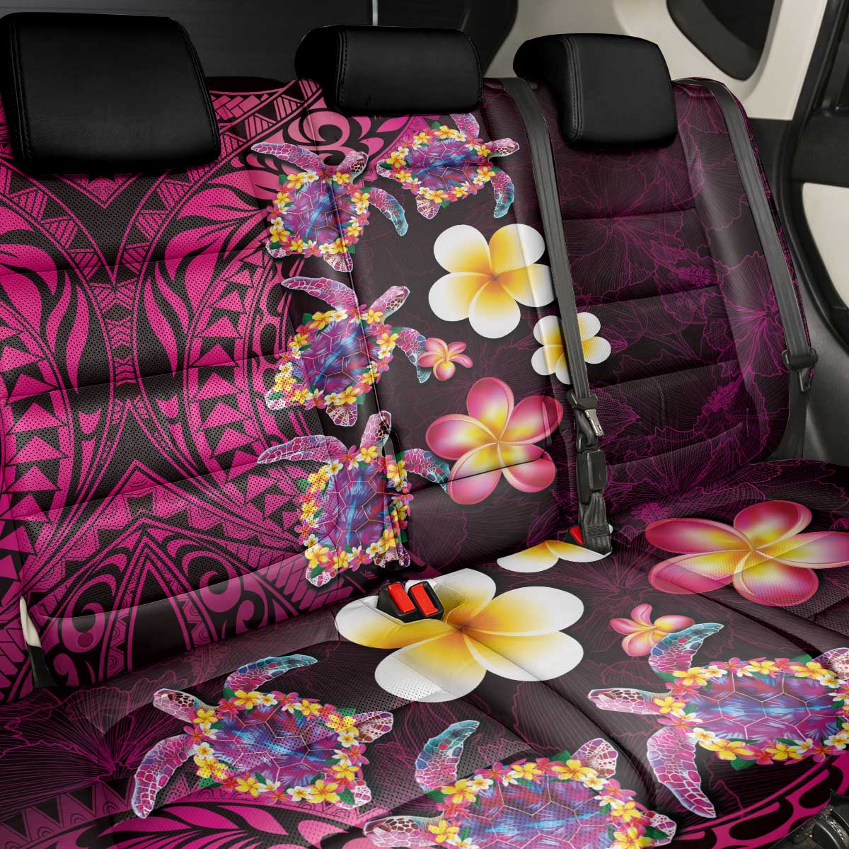 Hawaiian Turtles and Plumeria Back Car Seat Cover Polynesian Art Tribal Tattoo Cerise LT03 - Polynesian Pride