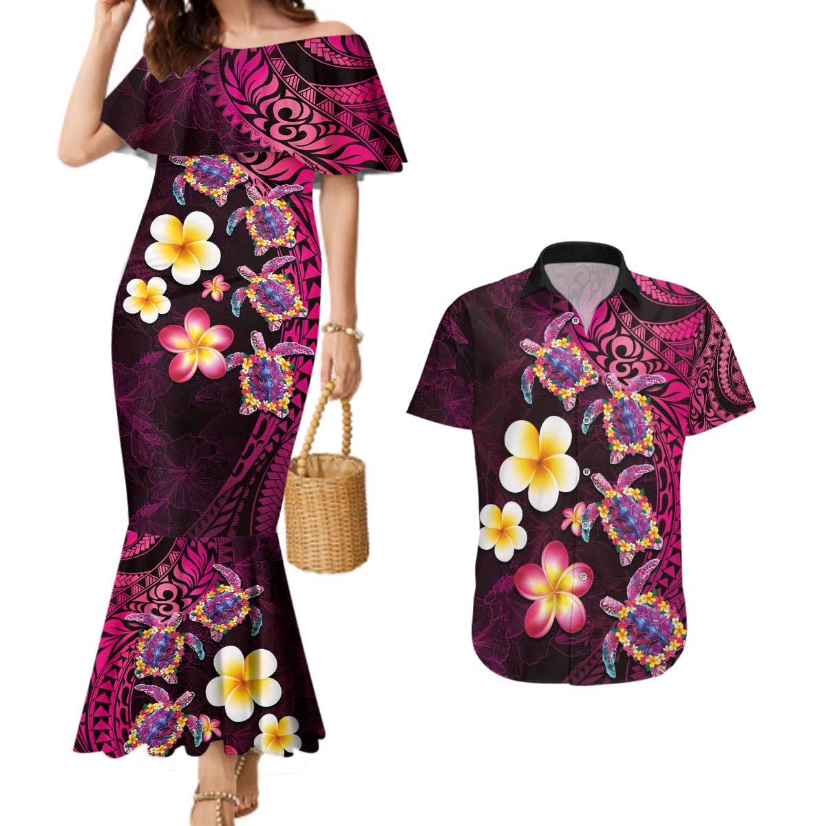 Hawaiian Turtles and Plumeria Couples Matching Mermaid Dress and Hawaiian Shirt Polynesian Art Tribal Tattoo Cerise LT03 Pink - Polynesian Pride
