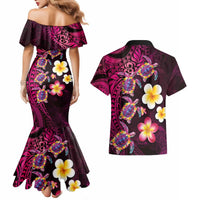 Hawaiian Turtles and Plumeria Couples Matching Mermaid Dress and Hawaiian Shirt Polynesian Art Tribal Tattoo Cerise LT03 - Polynesian Pride