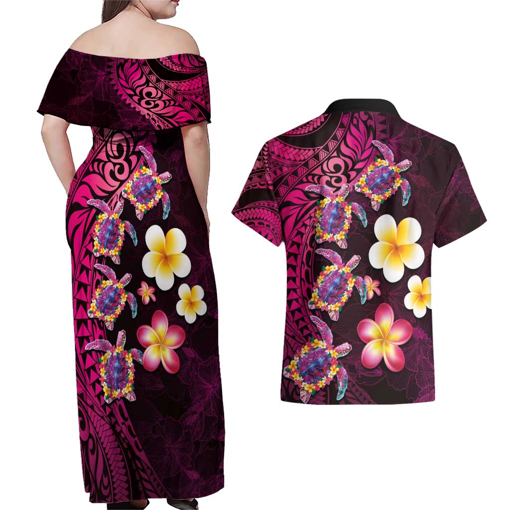 Hawaiian Turtles and Plumeria Couples Matching Off Shoulder Maxi Dress and Hawaiian Shirt Polynesian Art Tribal Tattoo Cerise LT03 - Polynesian Pride