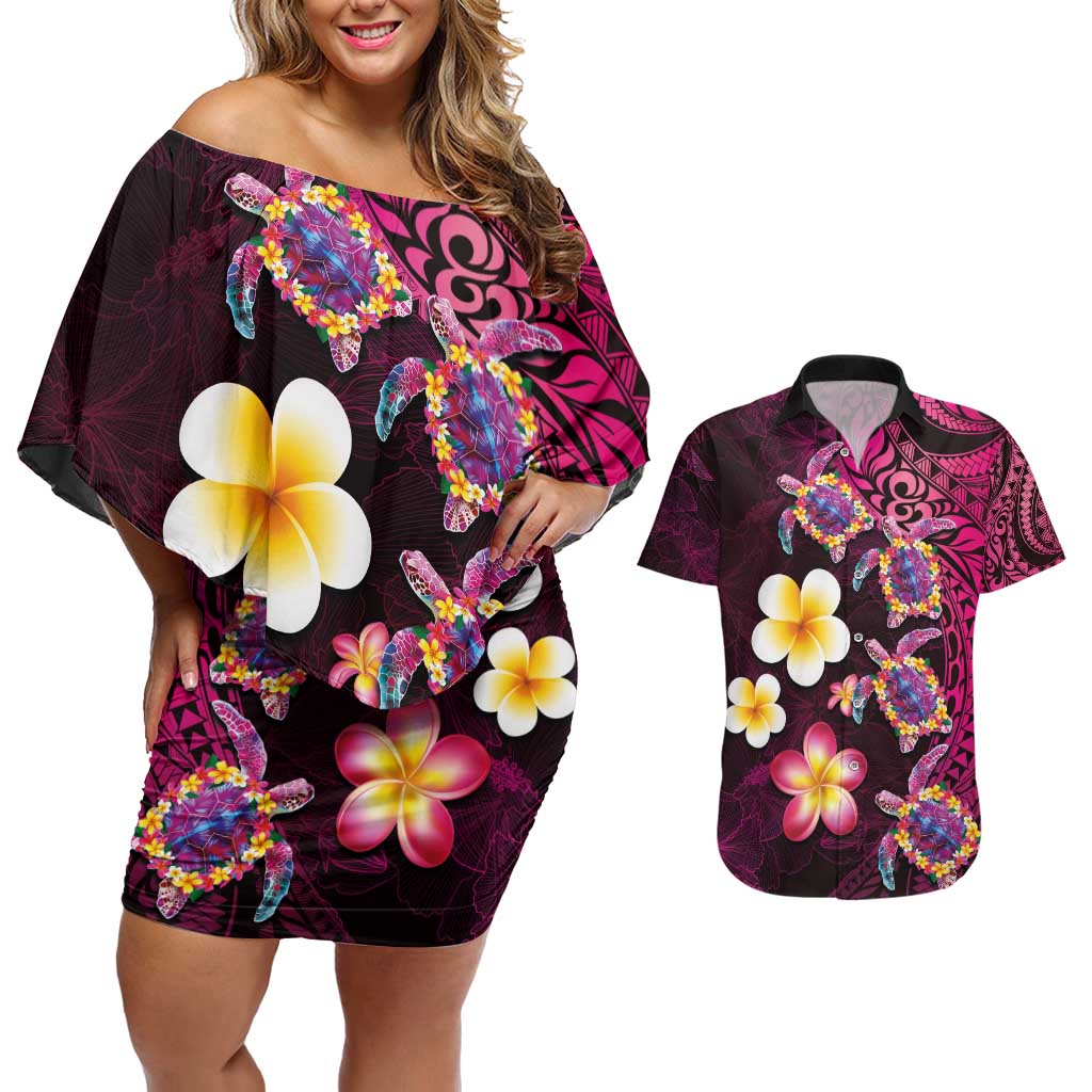 Hawaiian Turtles and Plumeria Couples Matching Off Shoulder Short Dress and Hawaiian Shirt Polynesian Art Tribal Tattoo Cerise