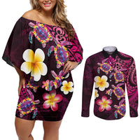 Hawaiian Turtles and Plumeria Couples Matching Off Shoulder Short Dress and Long Sleeve Button Shirt Polynesian Art Tribal Tattoo Cerise