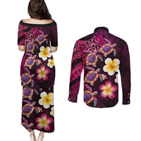 Hawaiian Turtles and Plumeria Couples Matching Puletasi and Long Sleeve Button Shirt Polynesian Art Tribal Tattoo Cerise LT03 - Polynesian Pride