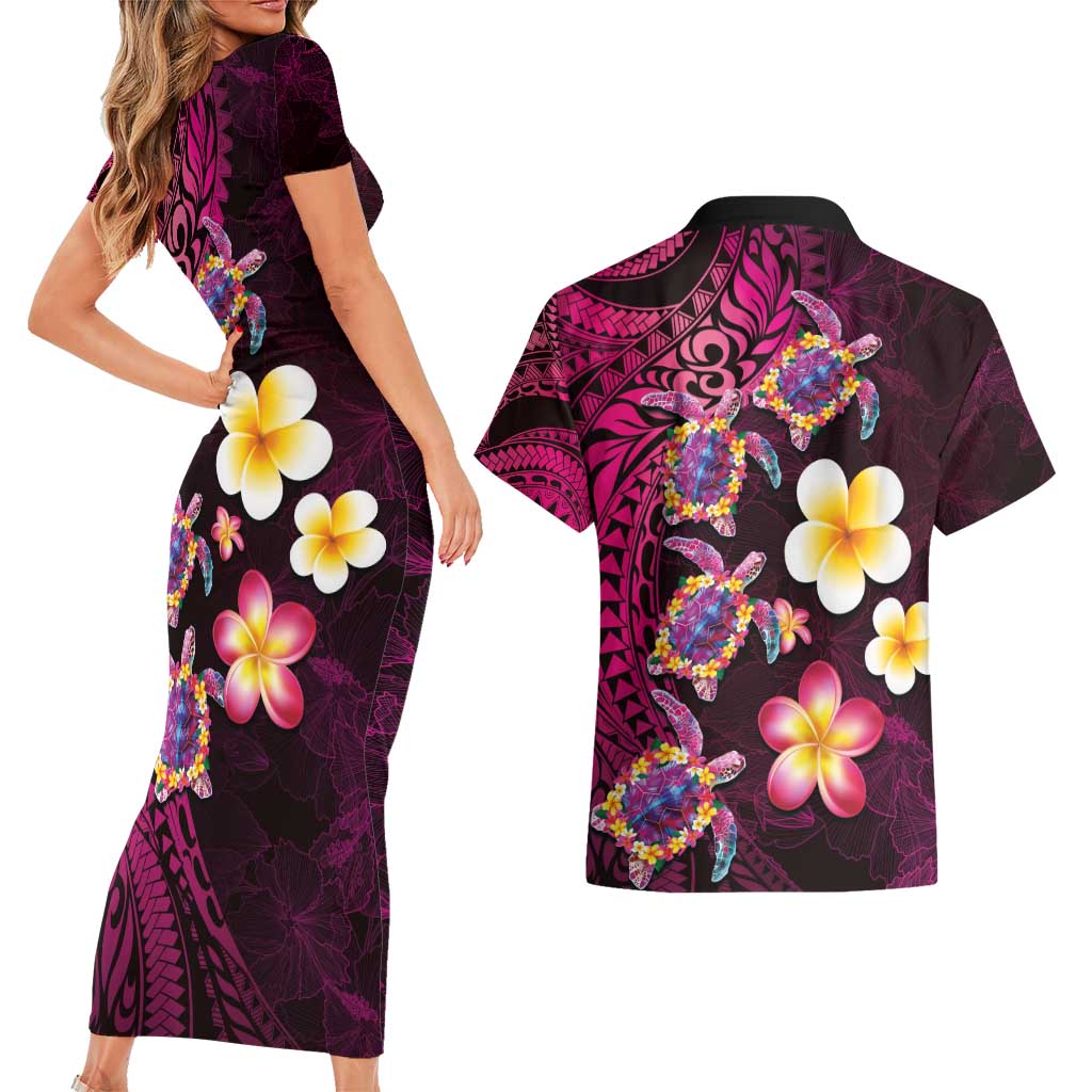 Hawaiian Turtles and Plumeria Couples Matching Short Sleeve Bodycon Dress and Hawaiian Shirt Polynesian Art Tribal Tattoo Cerise LT03 - Polynesian Pride