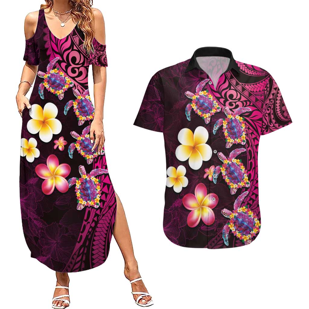 Hawaiian Turtles and Plumeria Couples Matching Summer Maxi Dress and Hawaiian Shirt Polynesian Art Tribal Tattoo Cerise