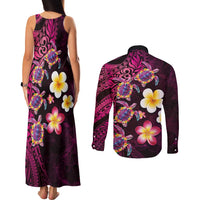 Hawaiian Turtles and Plumeria Couples Matching Tank Maxi Dress and Long Sleeve Button Shirt Polynesian Art Tribal Tattoo Cerise