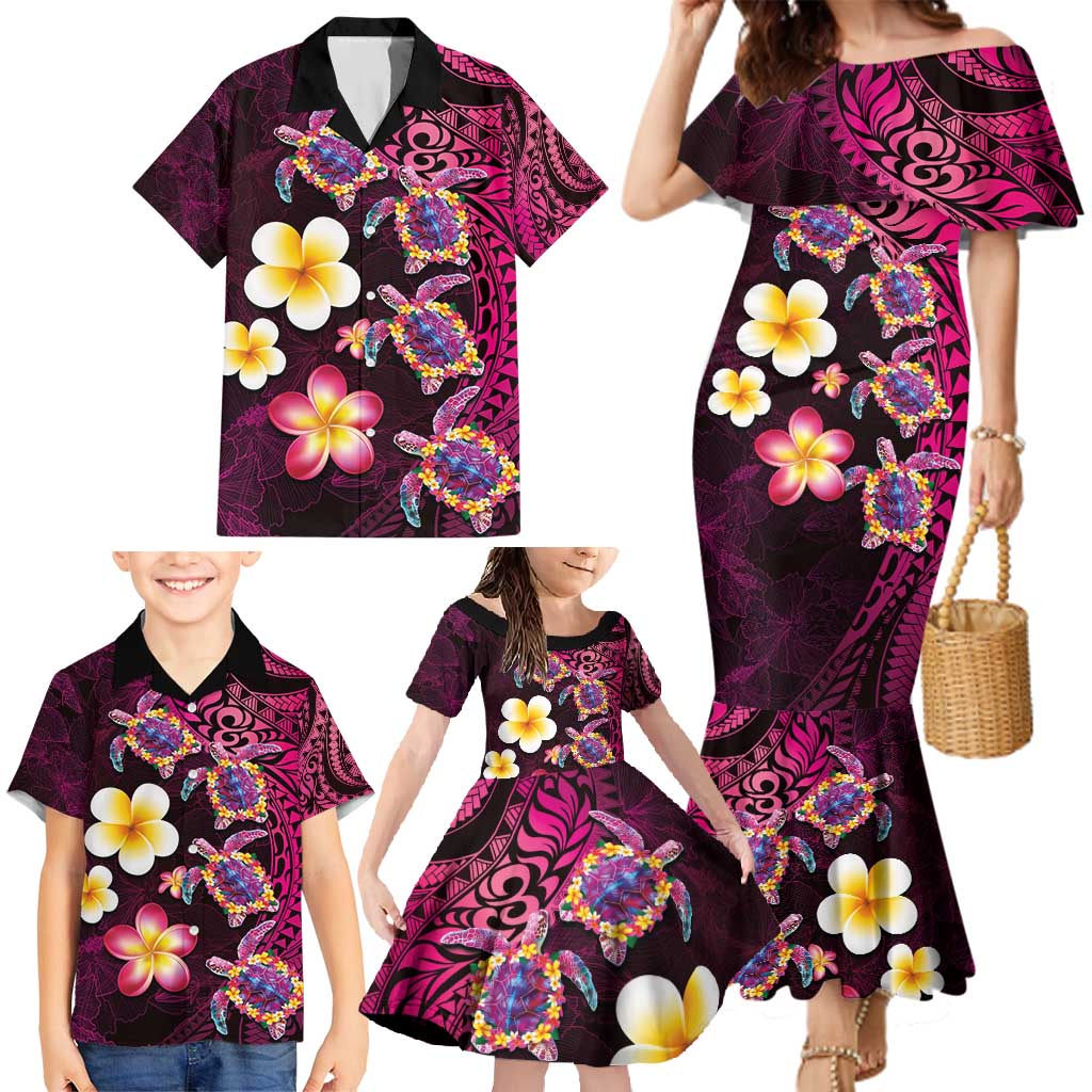 Hawaiian Turtles and Plumeria Family Matching Mermaid Dress and Hawaiian Shirt Polynesian Art Tribal Tattoo Cerise LT03 - Polynesian Pride