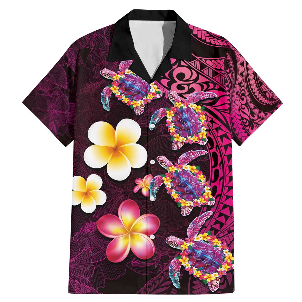 Hawaiian Turtles and Plumeria Family Matching Mermaid Dress and Hawaiian Shirt Polynesian Art Tribal Tattoo Cerise LT03 Dad's Shirt - Short Sleeve Pink - Polynesian Pride