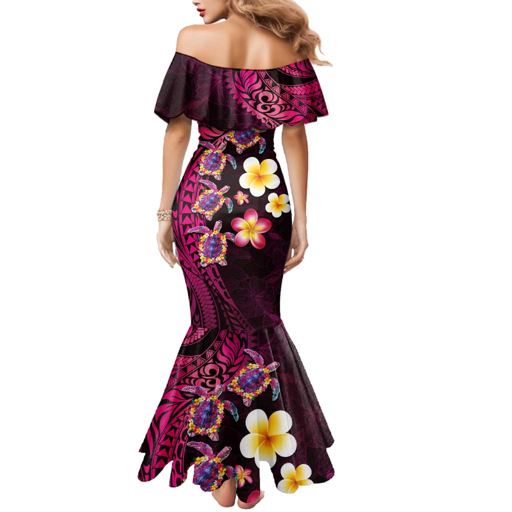 Hawaiian Turtles and Plumeria Family Matching Mermaid Dress and Hawaiian Shirt Polynesian Art Tribal Tattoo Cerise LT03 - Polynesian Pride