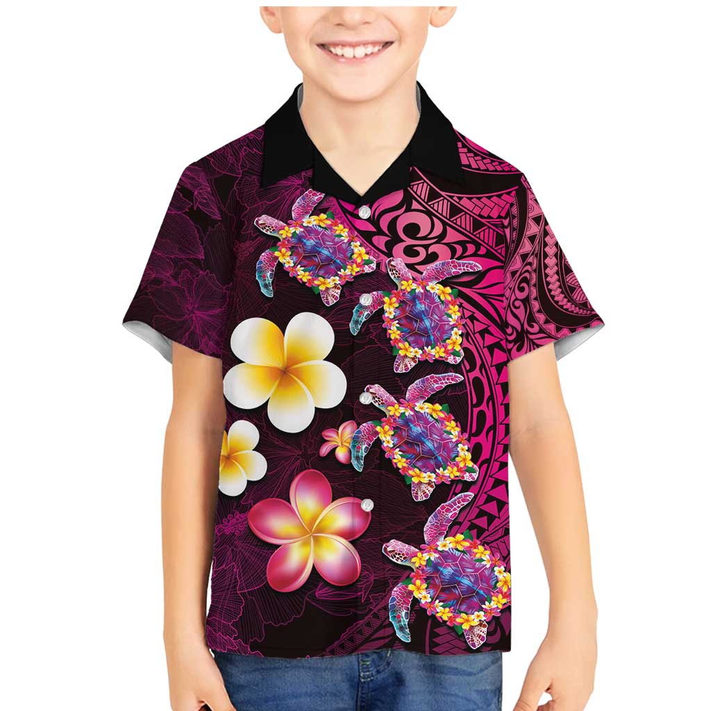 Hawaiian Turtles and Plumeria Family Matching Mermaid Dress and Hawaiian Shirt Polynesian Art Tribal Tattoo Cerise LT03 Son's Shirt Pink - Polynesian Pride