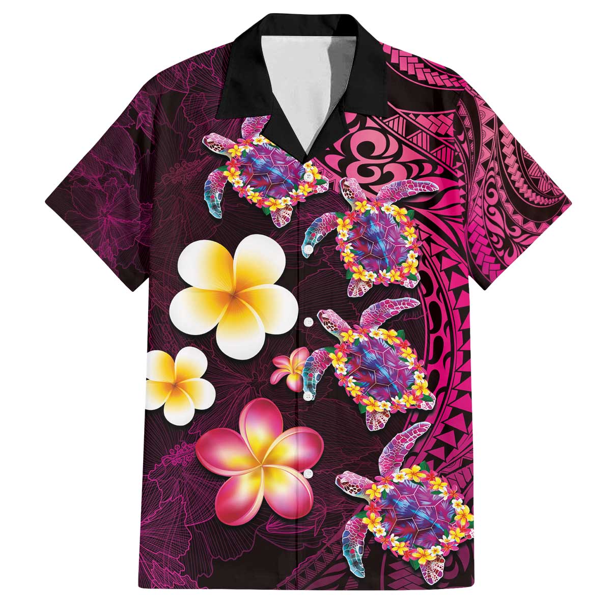 Hawaiian Turtles and Plumeria Family Matching Off The Shoulder Long Sleeve Dress and Hawaiian Shirt Polynesian Art Tribal Tattoo Cerise LT03 Dad's Shirt - Short Sleeve Pink - Polynesian Pride