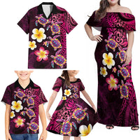 Hawaiian Turtles and Plumeria Family Matching Off Shoulder Maxi Dress and Hawaiian Shirt Polynesian Art Tribal Tattoo Cerise LT03 - Polynesian Pride