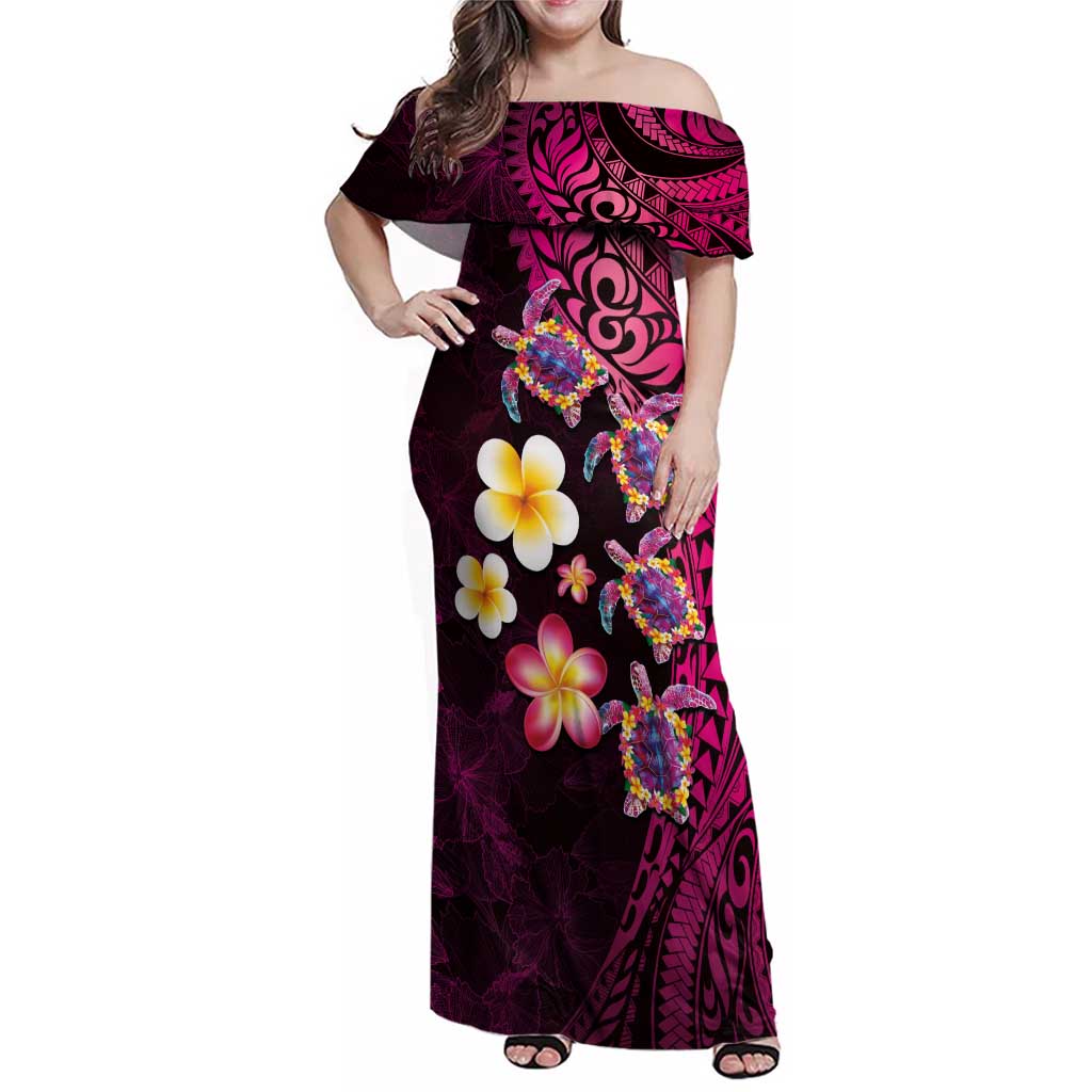 Hawaiian Turtles and Plumeria Family Matching Off Shoulder Maxi Dress and Hawaiian Shirt Polynesian Art Tribal Tattoo Cerise LT03 Mom's Dress Pink - Polynesian Pride