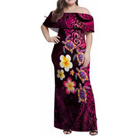 Hawaiian Turtles and Plumeria Family Matching Off Shoulder Maxi Dress and Hawaiian Shirt Polynesian Art Tribal Tattoo Cerise LT03 Mom's Dress Pink - Polynesian Pride