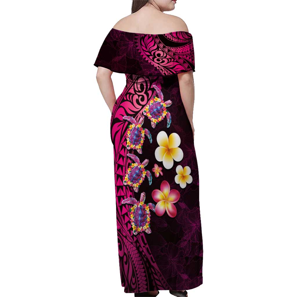 Hawaiian Turtles and Plumeria Family Matching Off Shoulder Maxi Dress and Hawaiian Shirt Polynesian Art Tribal Tattoo Cerise LT03 - Polynesian Pride