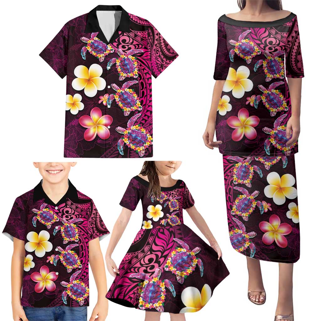 Hawaiian Turtles and Plumeria Family Matching Puletasi and Hawaiian Shirt Polynesian Art Tribal Tattoo Cerise LT03 - Polynesian Pride