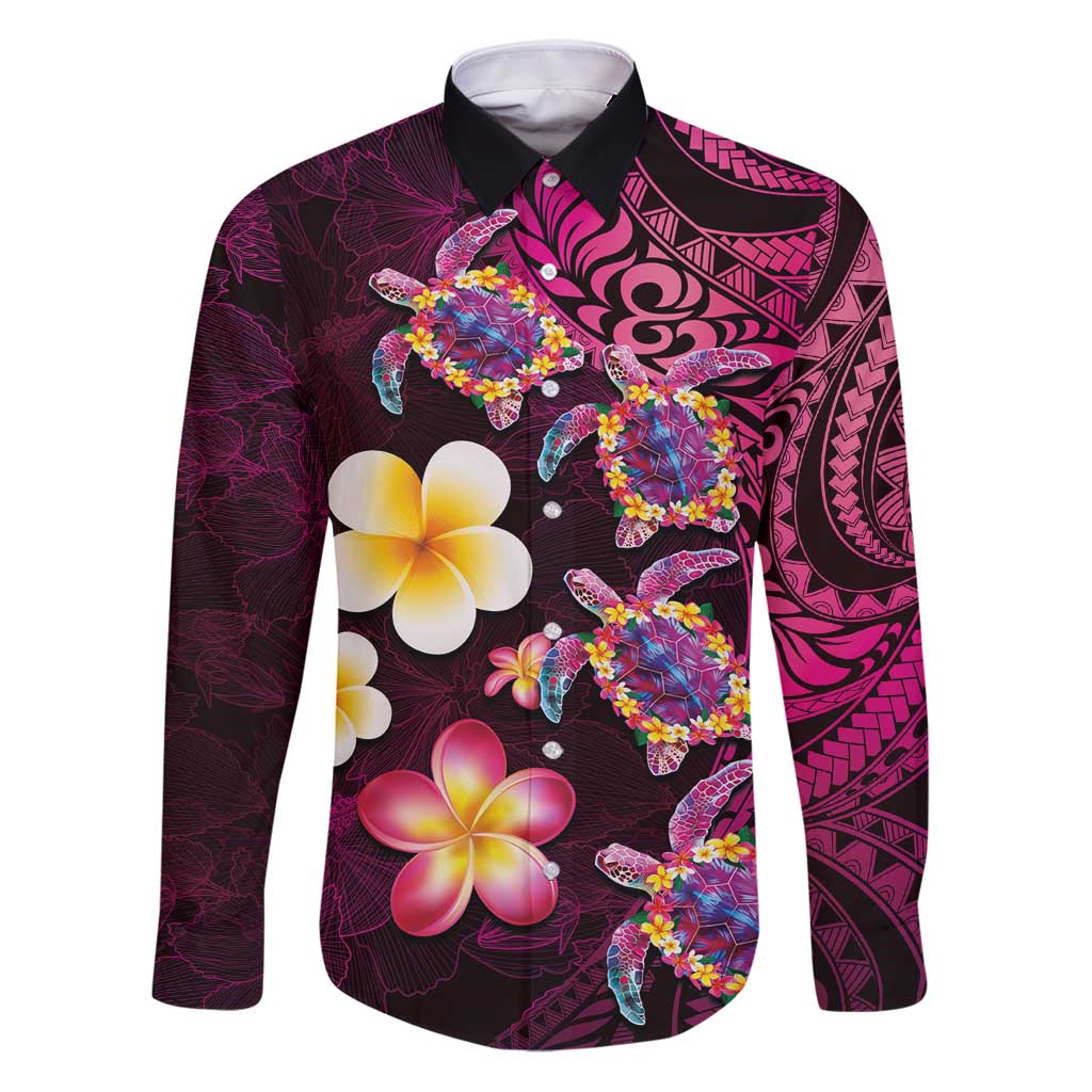 Hawaiian Turtles and Plumeria Family Matching Puletasi and Hawaiian Shirt Polynesian Art Tribal Tattoo Cerise LT03 Dad's Shirt - Long Sleeve Pink - Polynesian Pride