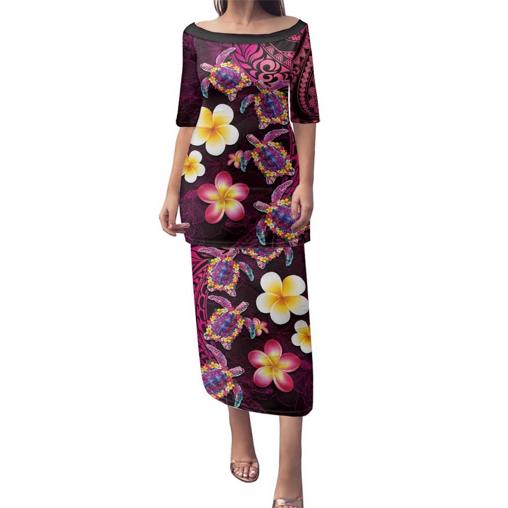 Hawaiian Turtles and Plumeria Family Matching Puletasi and Hawaiian Shirt Polynesian Art Tribal Tattoo Cerise LT03 Mom's Dress Pink - Polynesian Pride