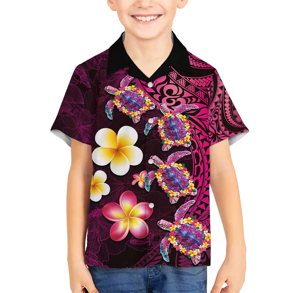 Hawaiian Turtles and Plumeria Family Matching Puletasi and Hawaiian Shirt Polynesian Art Tribal Tattoo Cerise LT03 Son's Shirt Pink - Polynesian Pride