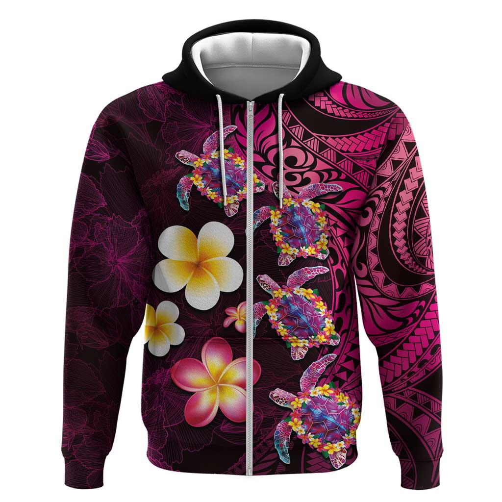Hawaiian Turtles and Plumeria Hoodie Polynesian Art Tribal Tattoo Cerise LT03 Zip Hoodie Pink - Polynesian Pride