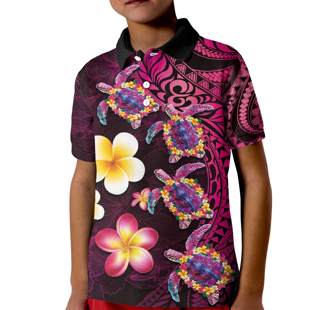 Hawaiian Turtles and Plumeria Kid Polo Shirt Polynesian Art Tribal Tattoo Cerise LT03 Kid Pink - Polynesian Pride
