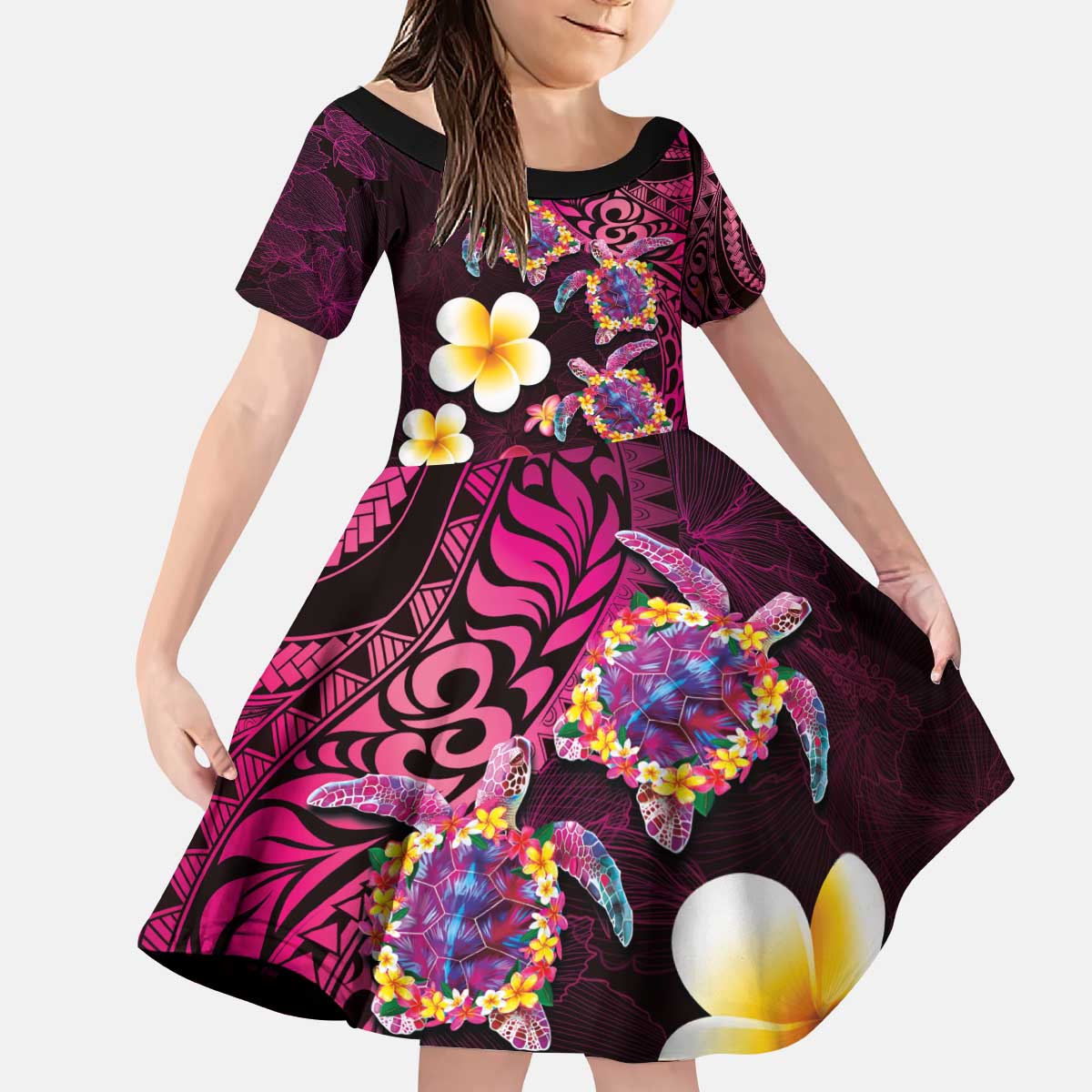 Hawaiian Turtles and Plumeria Kid Short Sleeve Dress Polynesian Art Tribal Tattoo Cerise LT03 KID Pink - Polynesian Pride