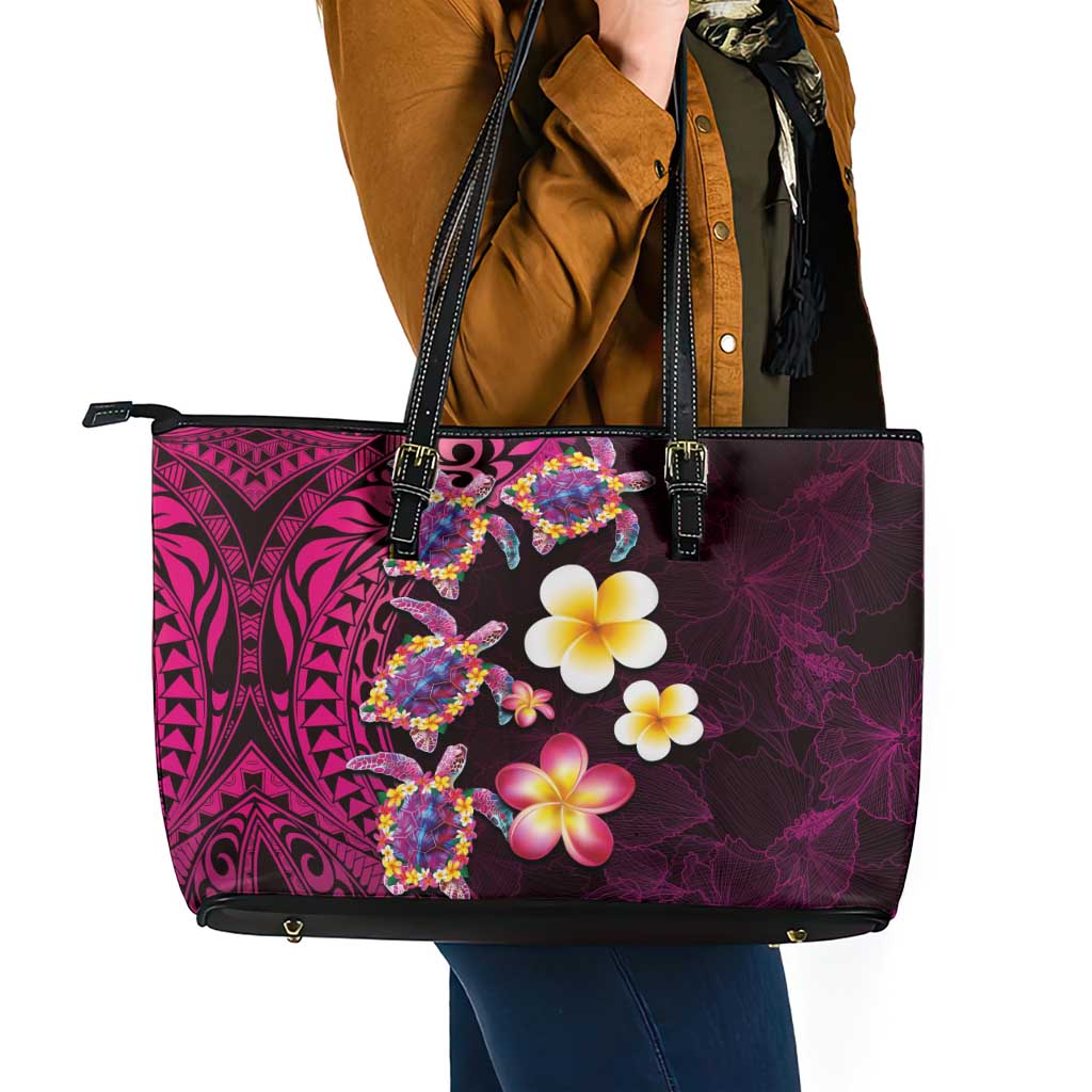 Hawaiian Turtles and Plumeria Leather Tote Bag Polynesian Art Tribal Tattoo Cerise LT03 - Polynesian Pride