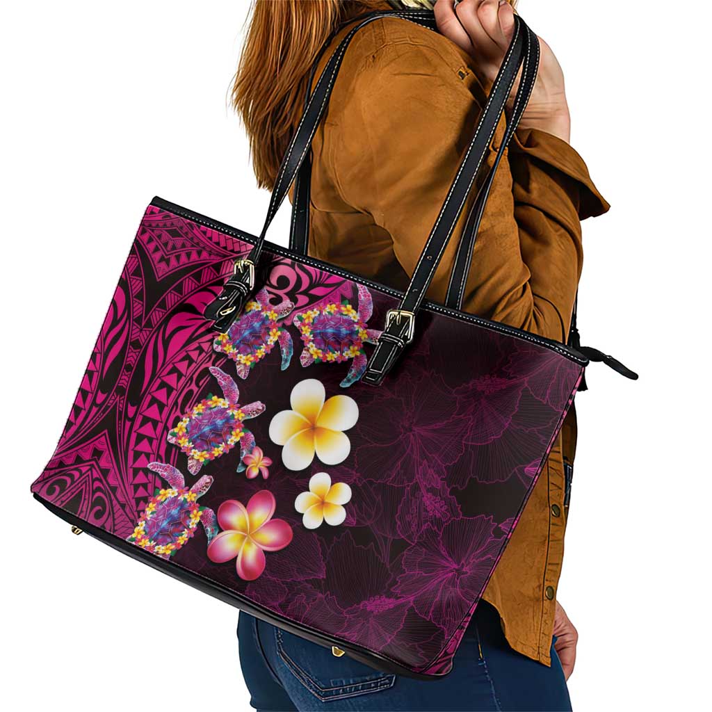 Hawaiian Turtles and Plumeria Leather Tote Bag Polynesian Art Tribal Tattoo Cerise LT03 - Polynesian Pride