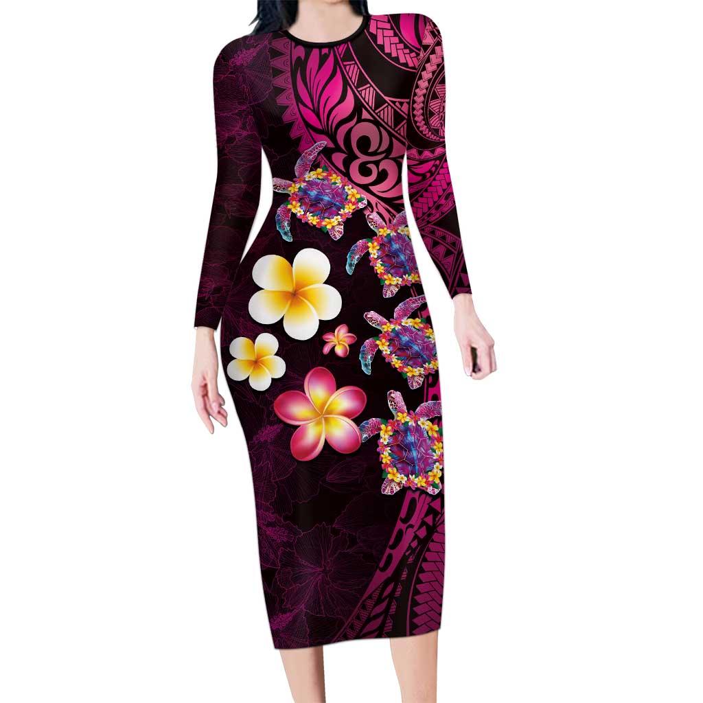Hawaiian Turtles and Plumeria Long Sleeve Bodycon Dress Polynesian Art Tribal Tattoo Cerise LT03 Long Dress Pink - Polynesian Pride