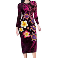 Hawaiian Turtles and Plumeria Long Sleeve Bodycon Dress Polynesian Art Tribal Tattoo Cerise LT03 Long Dress Pink - Polynesian Pride