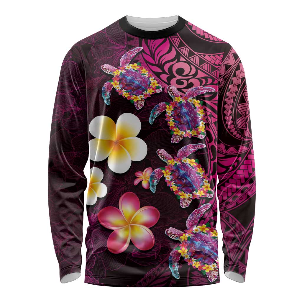 Hawaiian Turtles and Plumeria Long Sleeve Shirt Polynesian Art Tribal Tattoo Cerise LT03 Unisex Pink - Polynesian Pride