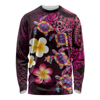 Hawaiian Turtles and Plumeria Long Sleeve Shirt Polynesian Art Tribal Tattoo Cerise LT03 Unisex Pink - Polynesian Pride