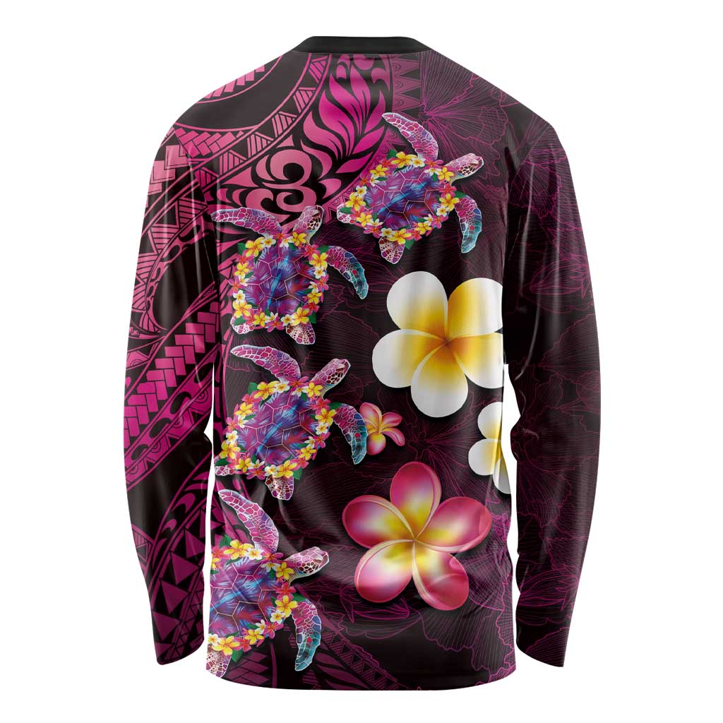 Hawaiian Turtles and Plumeria Long Sleeve Shirt Polynesian Art Tribal Tattoo Cerise LT03 - Polynesian Pride