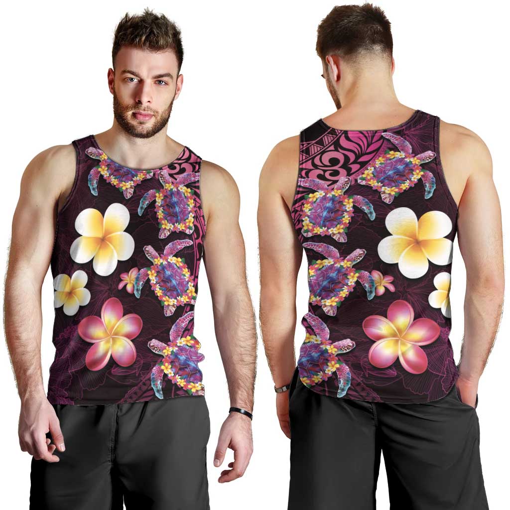 Hawaiian Turtles and Plumeria Men Tank Top Polynesian Art Tribal Tattoo Cerise LT03 - Polynesian Pride