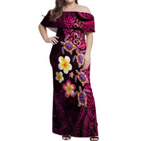 Hawaiian Turtles and Plumeria Off Shoulder Maxi Dress Polynesian Art Tribal Tattoo Cerise LT03 Women Pink - Polynesian Pride