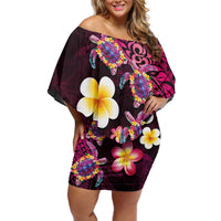 Hawaiian Turtles and Plumeria Off Shoulder Short Dress Polynesian Art Tribal Tattoo Cerise LT03 Women Pink - Polynesian Pride
