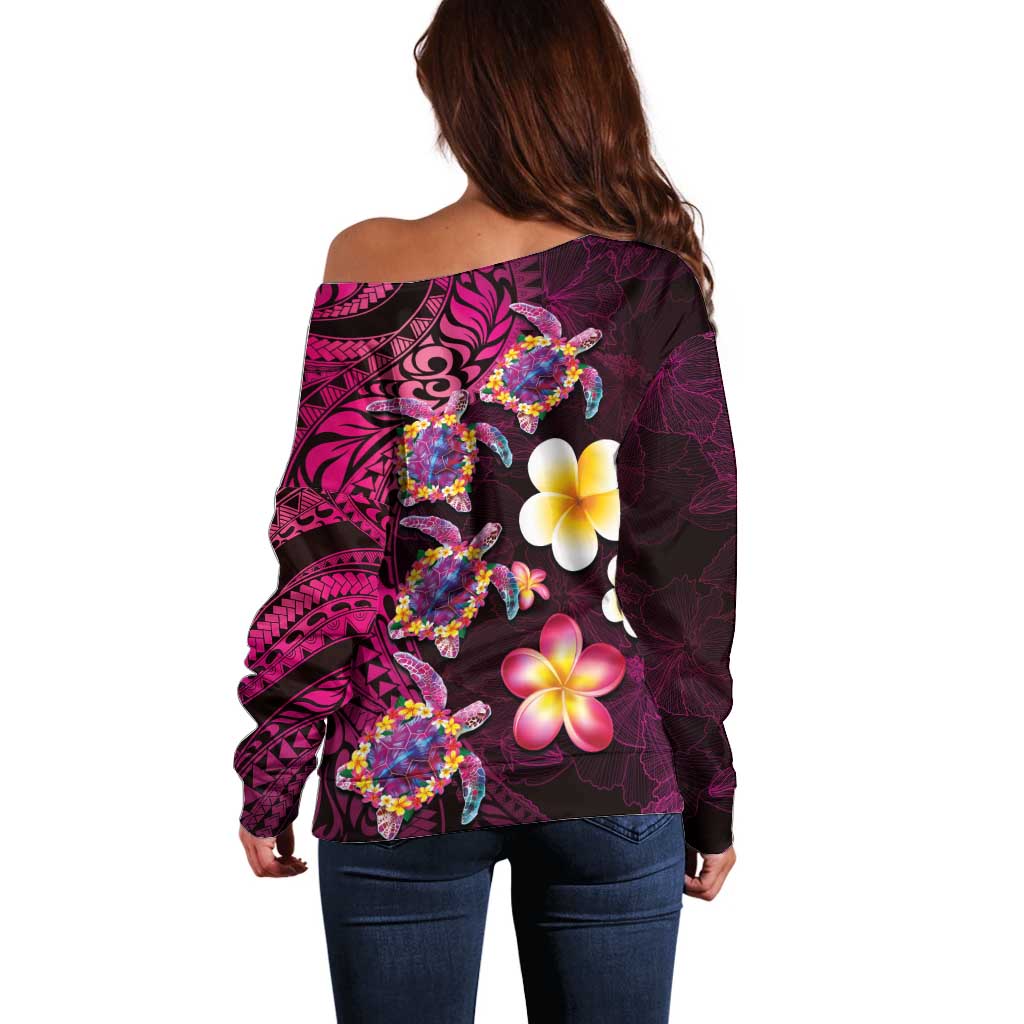 Hawaiian Turtles and Plumeria Off Shoulder Sweater Polynesian Art Tribal Tattoo Cerise LT03 - Polynesian Pride