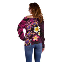 Hawaiian Turtles and Plumeria Off Shoulder Sweater Polynesian Art Tribal Tattoo Cerise LT03 - Polynesian Pride