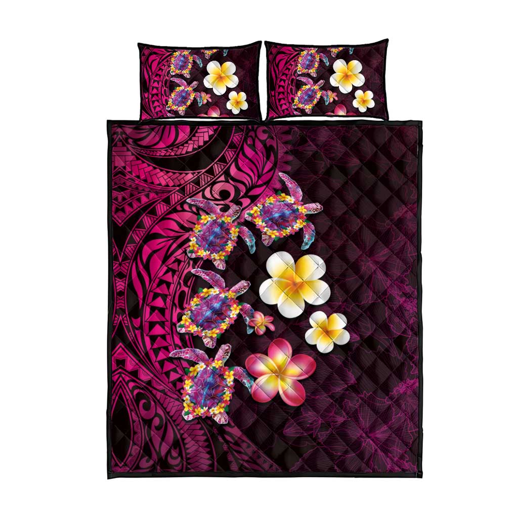 Hawaiian Turtles and Plumeria Quilt Bed Set Polynesian Art Tribal Tattoo Cerise LT03 - Polynesian Pride