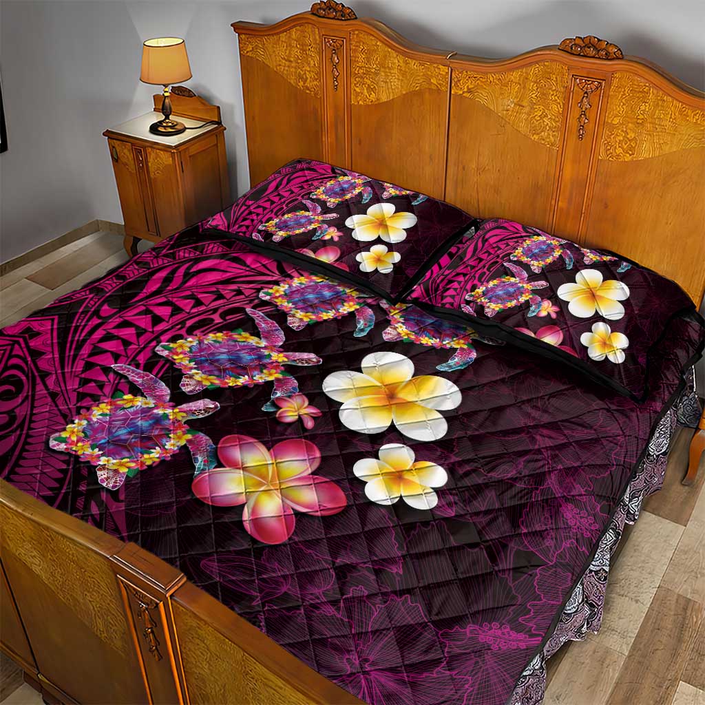 Hawaiian Turtles and Plumeria Quilt Bed Set Polynesian Art Tribal Tattoo Cerise LT03 - Polynesian Pride