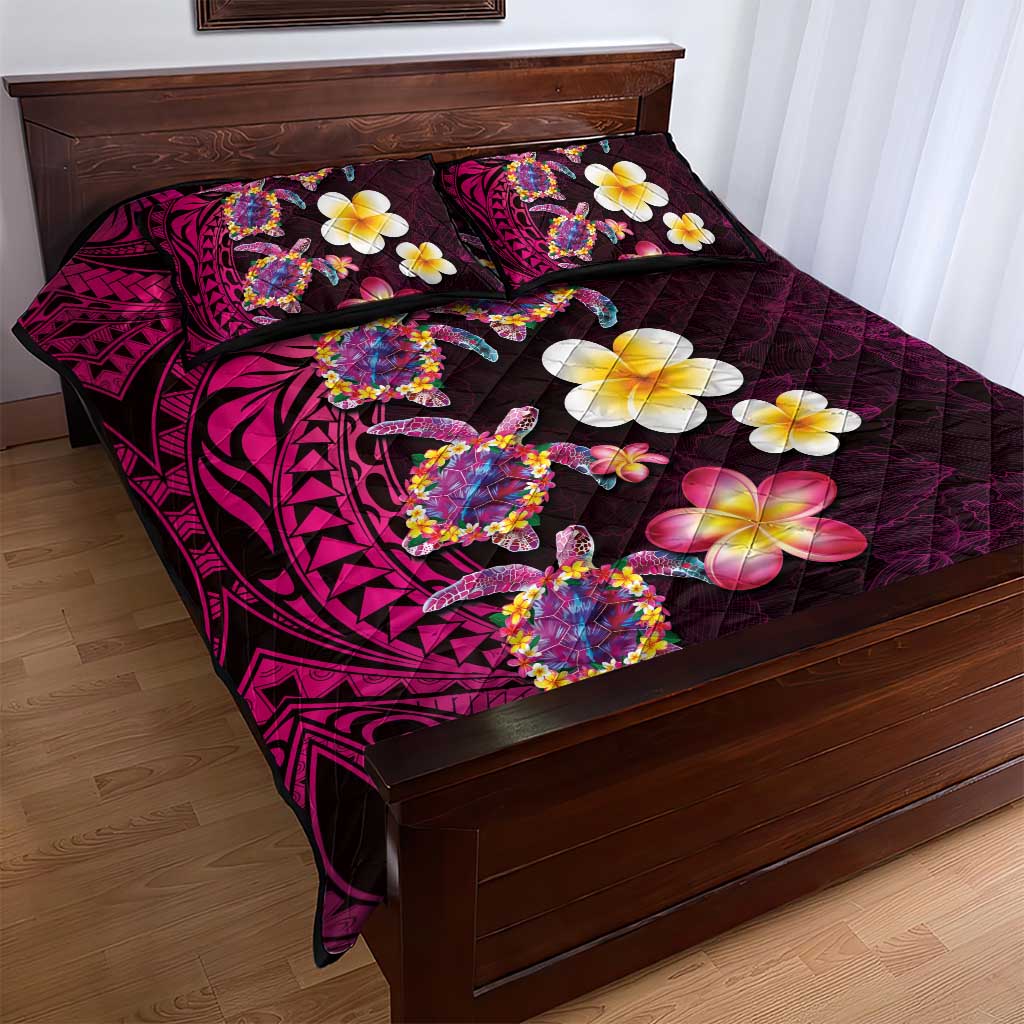 Hawaiian Turtles and Plumeria Quilt Bed Set Polynesian Art Tribal Tattoo Cerise LT03 - Polynesian Pride